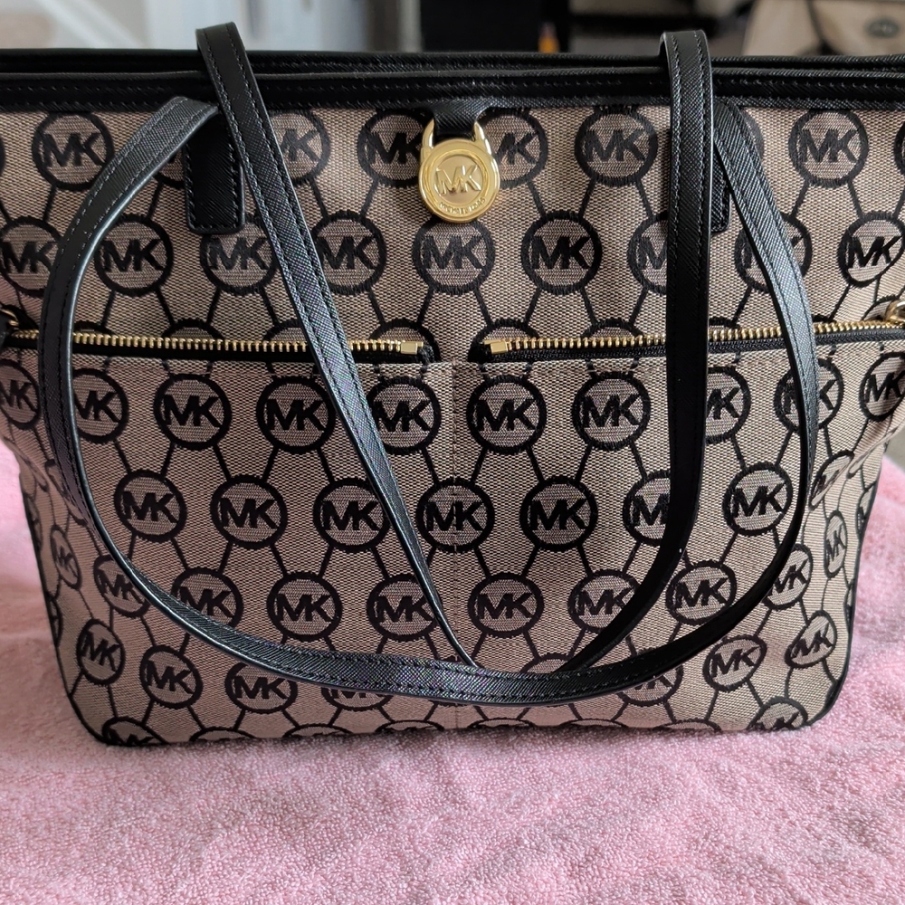 Michael Kors Beige and Black Logo Canvas Tote with Gold Accent